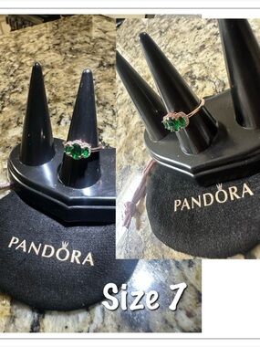 Pandora Green Stone Sterling Ring with Clear Accents